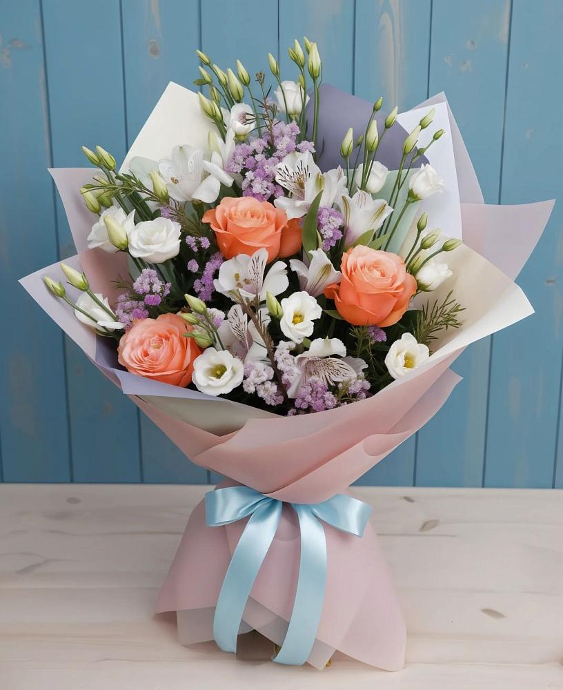 Букет цветов из: Лизиантусы, Розы, Альстромерии и Гипсофила в Краснолипье