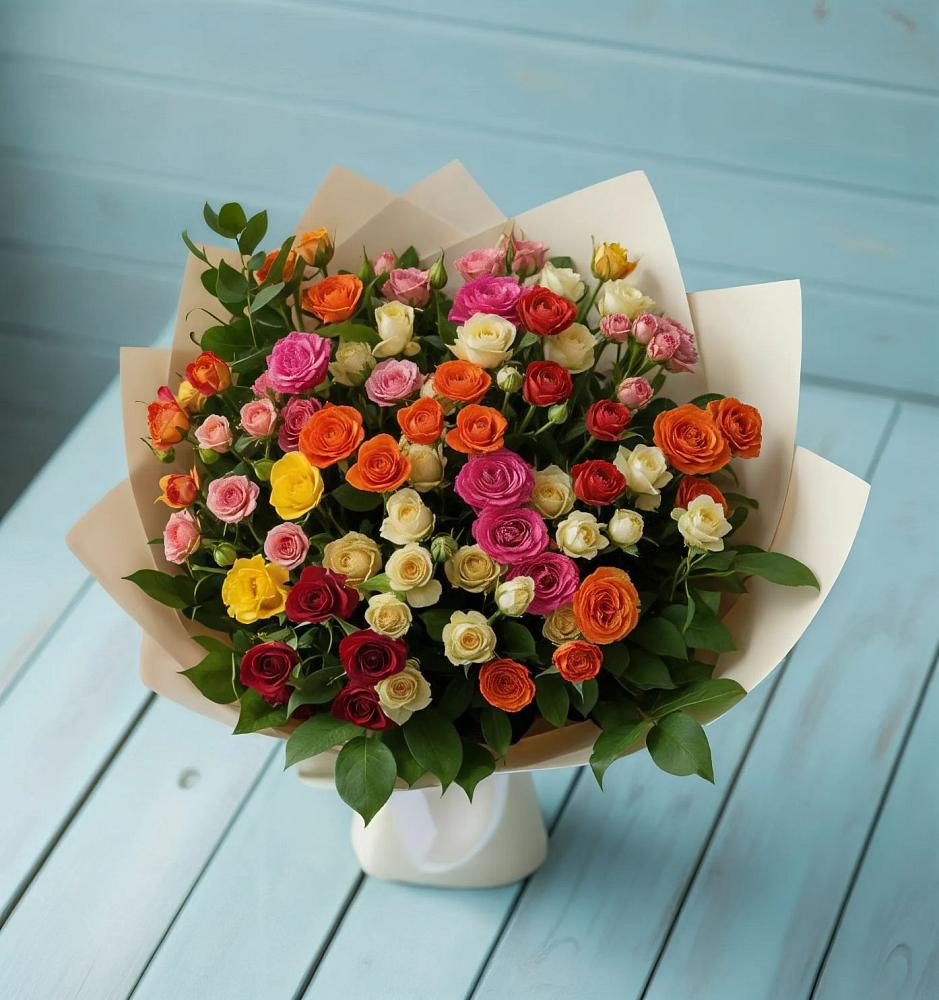 Букет Микс из разноцветных кустовых роз в Краснолипье