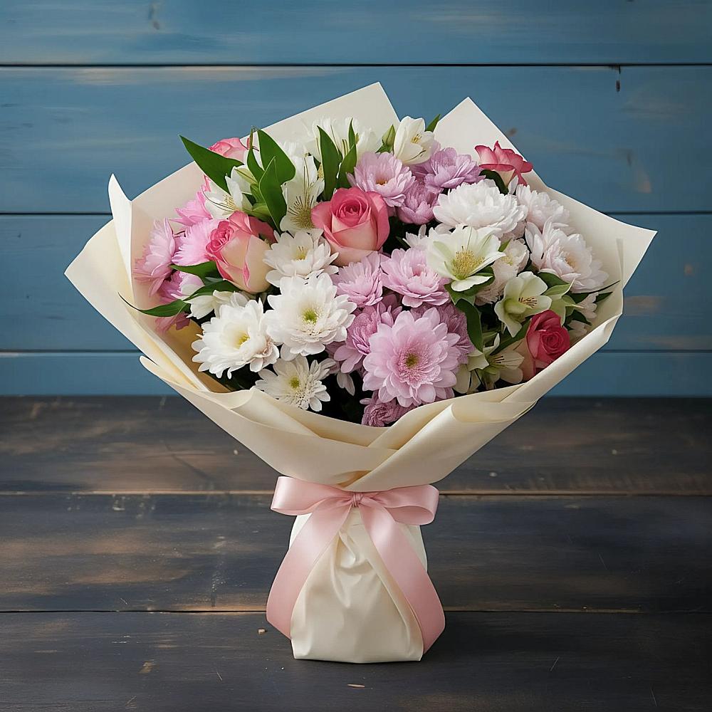 Букет цветов из: Хризантемы, Альстромерии и Розы в Краснолипье